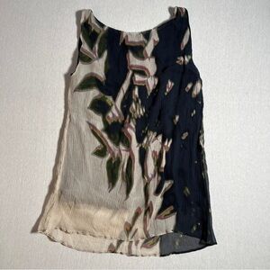 CAbi Silk Abstract Floral Top in Navy Blue + Silvery White, Size Small